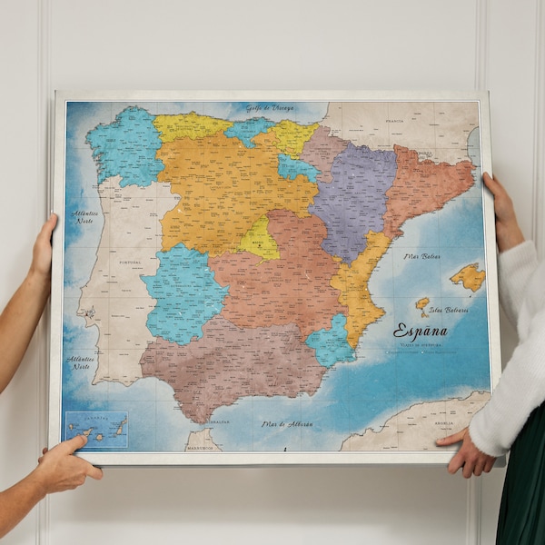 Mapa de España en español Cartón de corcho pinboard Push Pin Map Spain Impreso en lona de algodón 60x50cm 90x75cm Map para el viajero