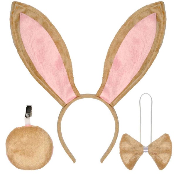 Funcredible Bunny Ears Headband Kit- Mellow Plush Easter Rabbit Ears Headband with Tail and Bowtie - Bunny Cosplay Costume Accessories