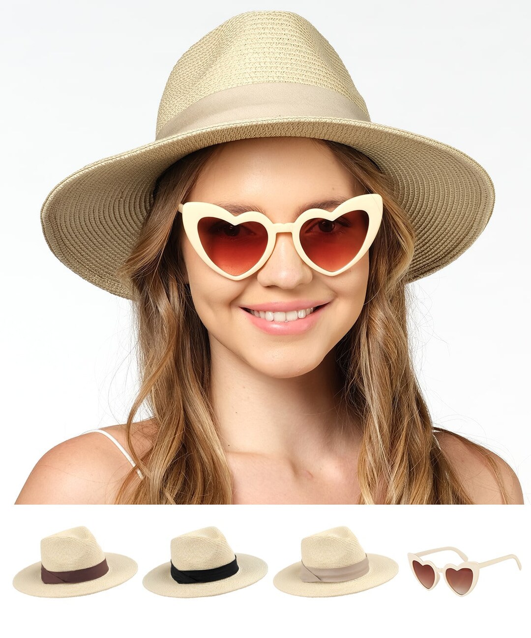 Funcredible Beach Hats for Women Panama Straw Sun Hat With Heart Shape  Glasses Summer Fedora Packable Travel Hat UPF 50 beige 