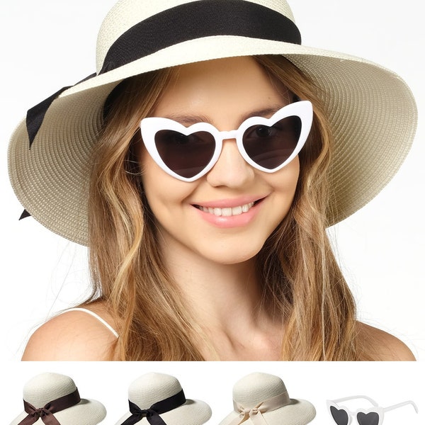 Funcredible Beach Hats for Women - Panama Straw Sun Hat with Heart Shape Glasses - Summer Fedora Roll Up Packable Hat UPF 50+ (Ivory)