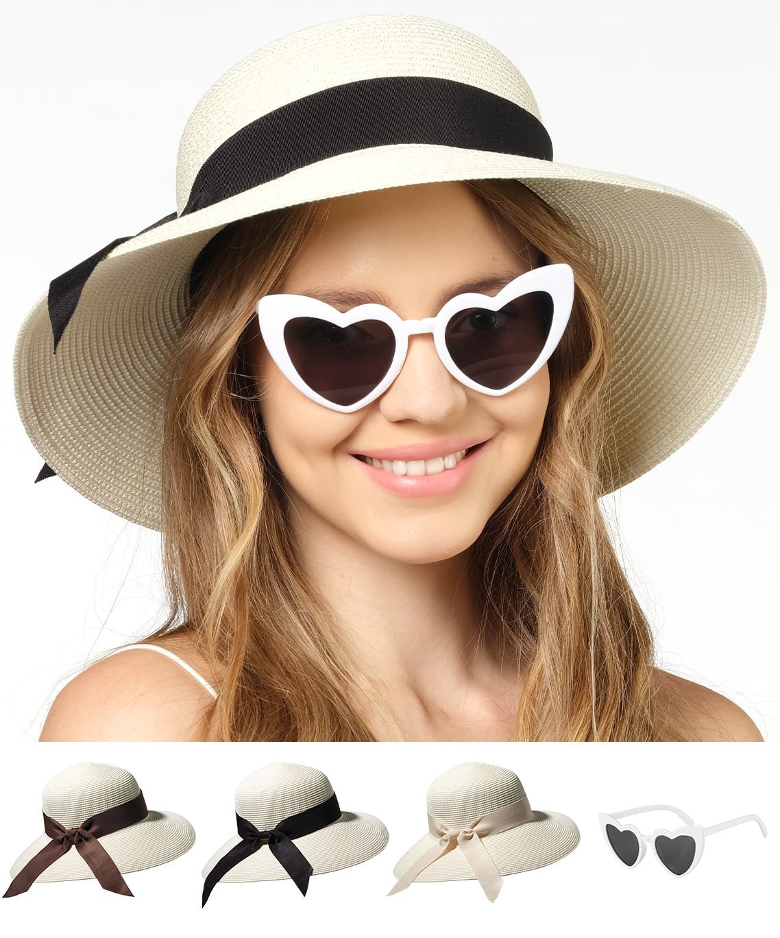 Funcredible Beach Hats for Women - Panama Straw Sun Hat with Heart Shape Glasses - Summer Fedora Roll Up Packable Hat UPF 50+ (ivory)