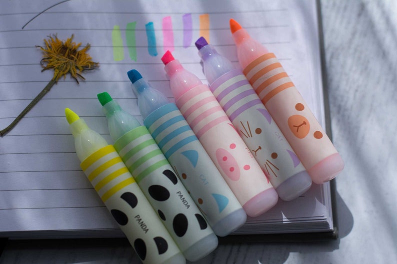 Set of 6 animal mini highlighters, kawaii markers school stationery image 1