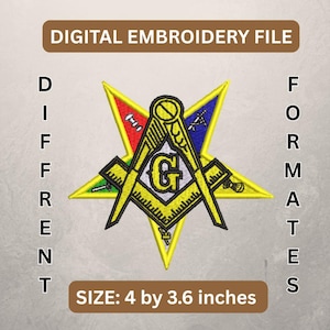 Könnte beinhalten: Digitales Stickmuster mit einem Freimaurer-Symbol, das einen Zirkel und ein Winkelmaß in einem Stern zeigt. Das Design hat rote, blaue und grüne Akzente, mit dem Text "DIGITAL EMBROIDERY FILE" und "DIFFERENT FORMATES". Die Größe beträgt 10,16 cm x 9,14 cm.