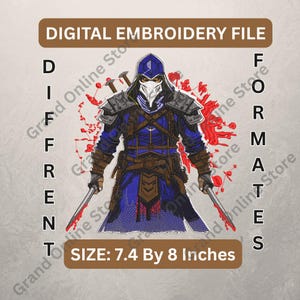 Può includere: File di ricamo digitale con un guerriero in armatura blu e marrone, con due spade. Il design include il testo "DIGITAL EMBROIDERY FILE" e "DIFFERENT FORMATS". La dimensione è di 18,8 x 20,3 cm.