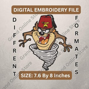 May include: Digital embroidery file featuring the Tasmanian Devil cartoon character. The design includes the character in a tornado, wearing a red fez. The size is 7.6 by 8 inches.