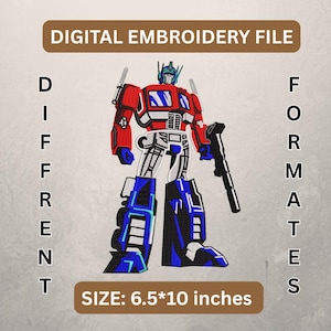 Könnte beinhalten: Digitales Stickmuster mit einem rot, weiß und blau gefärbten Roboter mit einer schwarzen Waffe. Das Bild enthält den Text "DIGITAL EMBROIDERY FILE" und "DIFFERENT FORMATS". Die Größe beträgt 16,51*25,4 cm.