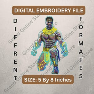 May include: Digital embroidery file featuring a stylized illustration of a kneeling figure with a yellow collar and blue accents. The image includes the text "DIGITAL EMBROIDERY FILE" and "SIZE: 5 By 8 Inches". The image is from Grand Online Store.