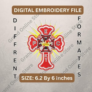 Puede incluir: Archivo de bordado digital con un diseño de cruz roja y blanca con detalles dorados y texto. El diseño incluye el texto "E", "P", "C", "K", "HOC" y "VINCES". El tamaño es de 15,7 x 15,2 cm.