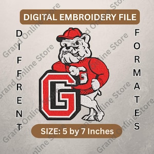 May include: A digital embroidery file design featuring a white bulldog wearing a red cap and a red sweater, standing next to a large letter G with a red and black outline. The text reads DIGITAL EMBROIDERY FILE and SIZE: 5 by 7 Inches.