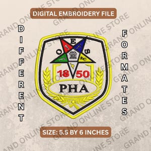 May include: Digital embroidery file featuring a shield-shaped emblem with a star and the text "PHA". The design includes the numbers "18" and "50", and is approximately 5.5 by 6 inches in size. The text "DIGITAL EMBROIDERY FILE" is at the top.