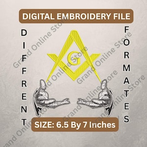May include: Digital embroidery file featuring a yellow Masonic symbol with a compass and square, and two stylized figures. The text reads "DIGITAL EMBROIDERY FILE" and "DIFFERENT FORMATS". The size is 6.5 by 7 inches.