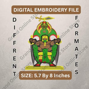 May include: Digital embroidery file featuring a stylized figure with a sword and shield design. The design includes brown, green, yellow, and red colors. The text reads "DIGITAL EMBROIDERY FILE" and "SIZE: 5.7 By 8 Inches".