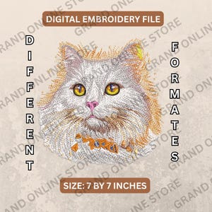 May include: Digital embroidery file featuring a detailed cat face with yellow eyes and a decorative collar. The design is 7 by 7 inches. Text includes "Digital Embroidery File", "Different", "Formats", and "Size: 7 by 7 inches".