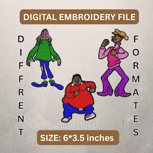 Könnte beinhalten: Digitales Stickmuster mit drei Cartoonfiguren in verschiedenen Posen. Die Figuren tragen grüne, rosa, rote und blaue Kleidung. Der Text "DIGITAL EMBROIDERY FILE" und "DIFFERENT FORMATES" wird angezeigt. Die Größe beträgt 15,24 cm x 8,89 cm.