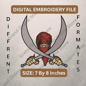 May include: Digital embroidery file featuring a ninja with crossed swords. The ninja wears a red mask and head covering. The image includes the text "DIGITAL EMBROIDERY FILE" and "SIZE: 7 By 8 Inches".