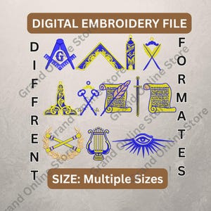 Könnte beinhalten: Digitales Stickmuster mit verschiedenen Freimaurer-Symbolen in Blau und Gold. Das Bild zeigt Zirkel und Winkel, eine Wasserwaage, ein Lot und andere Embleme. Der Text auf dem Bild lautet "DIGITAL EMBROIDERY FILE" und "SIZE: Multiple Sizes."