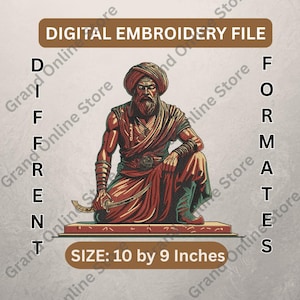 May include: Digital embroidery file featuring a detailed illustration of a historical figure in a kneeling pose, holding a sword. The design is in shades of red, brown, and gold. The image is labeled "DIGITAL EMBROIDERY FILE" and is 10 by 9 inches.