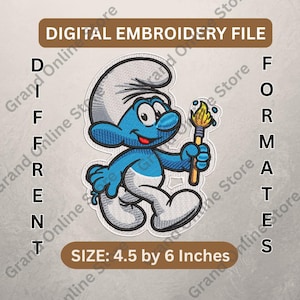May include: Digital embroidery file featuring a blue cartoon character with a white hat and pants, holding a torch. The design is 4.5 by 6 inches. Text on the image reads "DIGITAL EMBROIDERY FILE" and "DIFFERENT FORMATS".