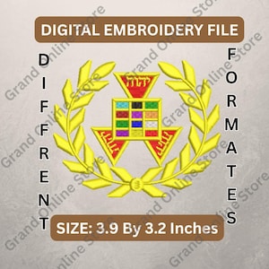 May include: Digital embroidery file featuring a detailed emblem with a central multi-colored square, surrounded by a gold wreath. The design includes text and measures 3.9 by 3.2 inches.