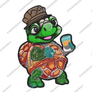 Op de afbeelding: Een cartoon schildpad met een bruine hoed die een glas vloeistof vasthoudt. De schildpad heeft een groene schild met oranje en rode accenten.