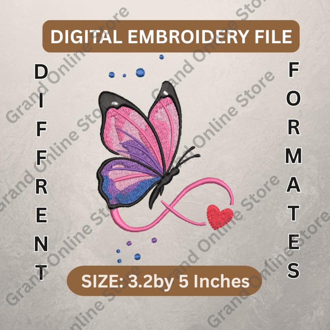 Butterfly Heart Embroidery Design File, Pink Floral Patch Artwork ...