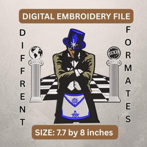 May include: Digital embroidery file featuring a man in a top hat and apron, with the text "DIGITAL EMBROIDERY FILE" and "DIFFERENT FORMATS". The design includes a checkered floor and pillars with globes. Size: 7.7 by 8 inches.