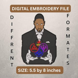 May include: Digital embroidery file. A man in a suit holds four colourful geometric symbols. The text reads "DIGITAL EMBROIDERY FILE" and "DIFFERENT FORMATS". The size is 14 x 20 cm.