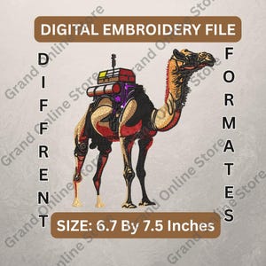 May include: Digital embroidery file of a camel with saddlebags, in brown, black, and red. The image includes the text "DIGITAL EMBROIDERY FILE" and "DIFFERENT FORMATS". The size is 17.0 cm by 19.1 cm.