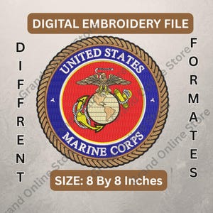 Può includere: File di ricamo digitale con l'emblema dei Marine degli Stati Uniti. Il design circolare presenta una combinazione di colori rosso e blu, con la scritta "United States Marine Corps". Misura 20,32 cm per 20,32 cm.