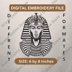 Puede incluir: Archivo de bordado digital con una ilustración en blanco y negro de un busto de faraón egipcio. El diseño mide 15,24 cm por 20,32 cm. El texto incluye "DIGITAL EMBROIDERY FILE" y "DIFERENTES FORMATOS".