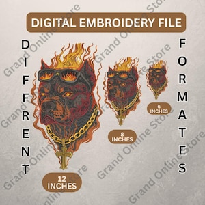 Op de afbeelding: Digitaal borduurbestand met een gedetailleerde illustratie van een hond met een zonnebril en een gouden ketting met een kruisvormige hanger. De hond heeft vlammen boven zijn hoofd. De tekst "DIGITAL EMBROIDERY FILE" en maten van 15, 20 en 30 cm zijn inbegrepen.