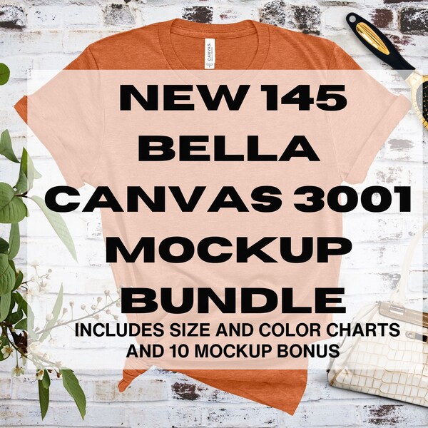 145 Bella Canvas 3001 Mockup Bundle, Size, and Color Chart Included, 145 Colors, 67  Heather Colors & 78 Solid Colors, Flat Lay Mockups