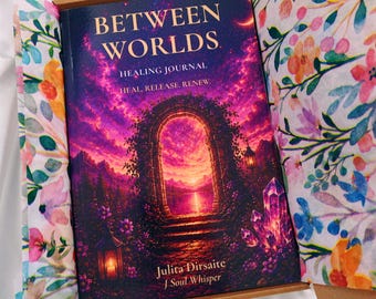 May include: A hardcover journal titled Between Worlds Healing Journal, Heal. Release. Renew. by Julita Dirsaite J Soul Whisper, featuring a vibrant purple and pink cosmic archway illustration, nestled inside a box lined with floral tissue paper.