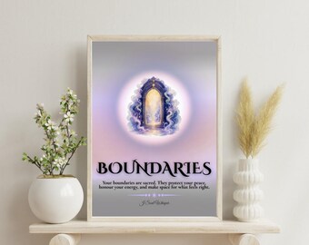 May include: A rectangular wall art print featuring a central illustration of a glowing arched doorway surrounded by swirling blue clouds. The text reads: BOUNDARIES. Your boundaries are sacred. They protect your peace, honour your energy, and make space for what feels right. J Soul Whisper.