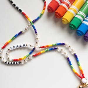Rainbow Beaded Teacher Lanyard: Colorful ID Badge Holder