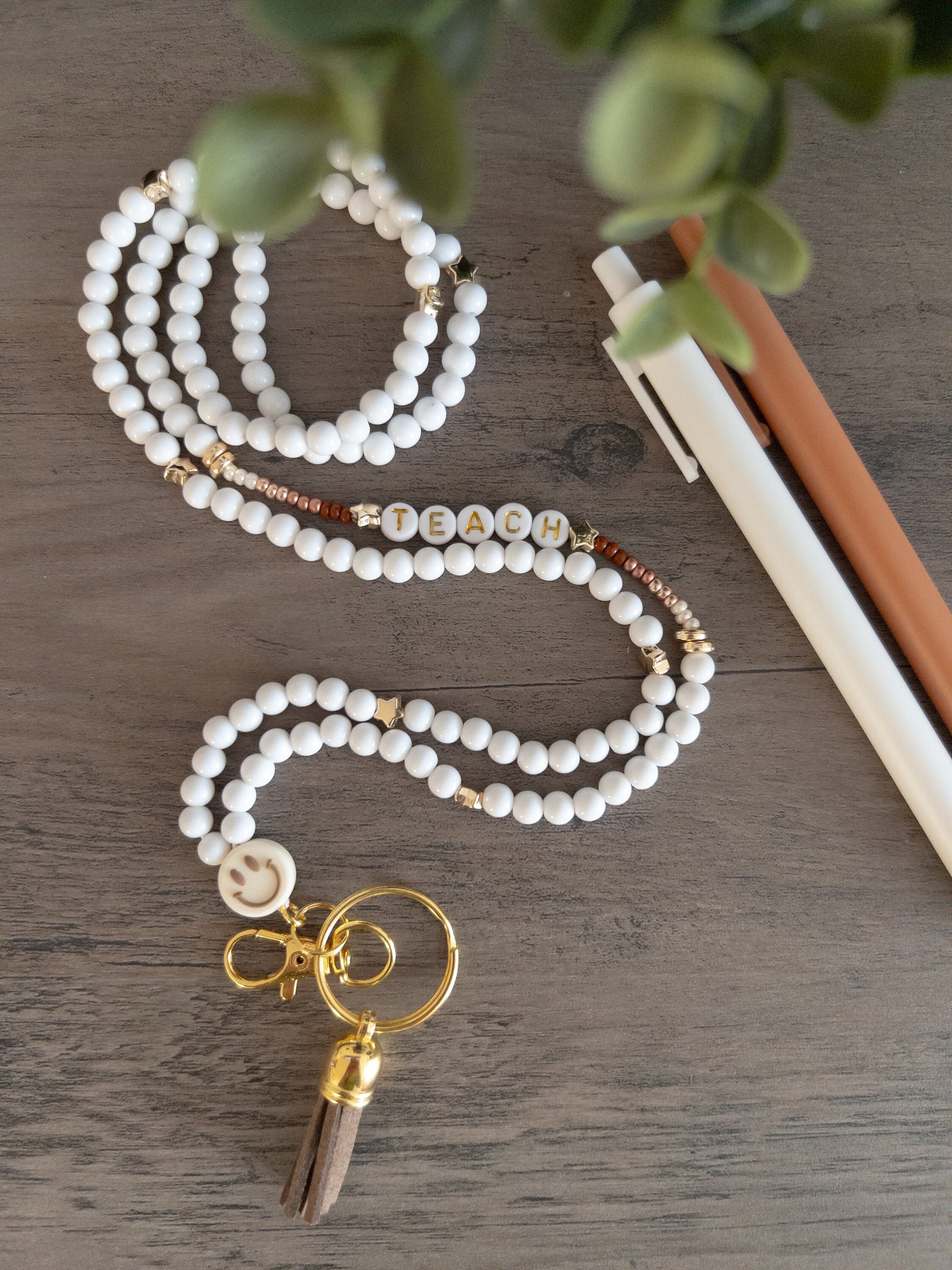Neutral Smile Face Lanyard, Neutral Teacher Lanyard, White Bead Lanyard, Teacher Lanyard, Boho, Modern, Personalized Lanyard, Customized