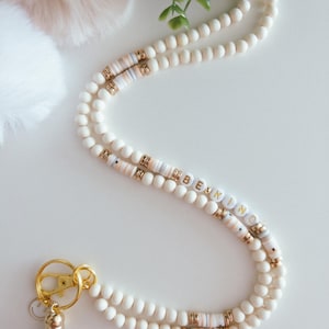 Pink Neutral Lanyard,  Teacher lanyard, modern Lanyard, wooden bead lanyard, teach lanyard, Teacher Appreciation