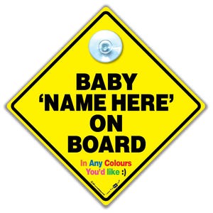 Spersonalizowany znak „Baby on Board” z przyssawką, 14 x 14 cm, spersonalizowany znak samochodowy „Baby on Board” Dodaj imię i kolory