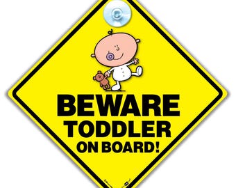 Beware Toddler on Board Car Sign with Suction Cup, Yellow Diamond Child in Car Funny Vehicle Notice, 14cm