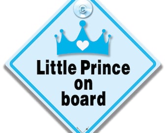 Little Prince on Board Sign, Baby on Board Car Notice with Suction Cup, Blue Crown Design, 14cm Diamond Shape