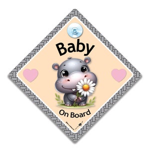 Znak samochodowy „Baby Hippo” i „Kwiat”, znak „Baby on Board”, znak z przyssawką o wysokiej widoczności ze słodkim Baby Hippo i kwiatem, znak samochodowy „Baby”