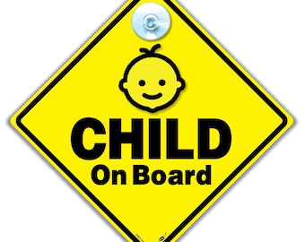 Child on Board Car Sign, Yellow Baby on Board Car Sign with Suction Cup, 14 x 14 cm, UV-Resistant, Universal Fit