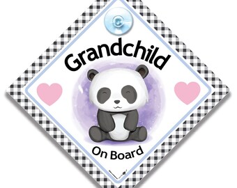 Panda Grandchild on Board Sign, Panda Baby on Board Car Sticker Decal with Panda Bear, Diamond Shape Car Sign with Suction Cup, 14cm x 14cm
