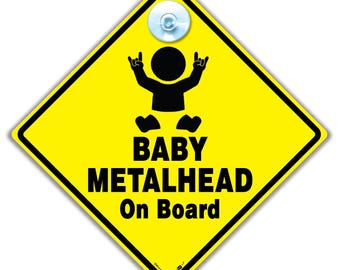 Baby Metalhead on Board Car Sign with Suction Cup, Yellow Diamond Shape, 14x14cm, Heavy Metal Theme, Rock Music Fan Notice