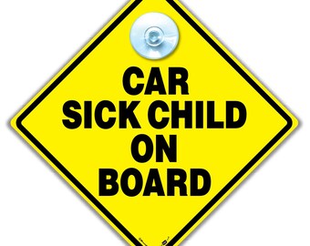Car Sick Child on Board Sign with Suction Cup, Yellow Diamond, 14cm, Travel Motion Sickness Vehicle Notice