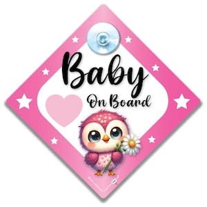 Znak „Baby on Board” Różowa Sowa, Znak „Baby on Board” w samochodzie, Znak „Baby on Board” w samochodzie, Znak „Wnuk na pokładzie”, Znak „Baby car”, Znak „14 cm x 14 cm”