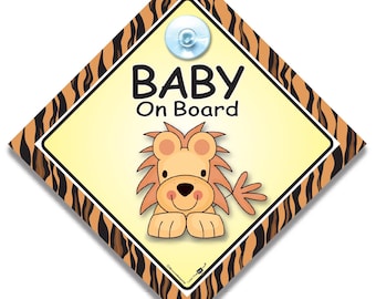 Baby Lion on Board Sign, Baby on Board Car Sticker Decal with Lion Print and Border, Diamond Shape with Suction Cup
