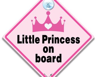 Little Princess on Board Sign, Baby on Board Car Notice with Suction Cup, Pink Crown Design, 14cm Diamond Shape