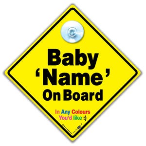 Spersonalizowany znak samochodowy „Baby On Board” z przyssawką, 14 x 14 cm, niestandardowy znak „Baby On Board” Dodaj imię i kolory