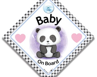 Panda Baby on Board Sign, Baby on Board Car Sticker Decal with Panda Bear, Diamond Shape with Suction Cup, 14cm x 14cm